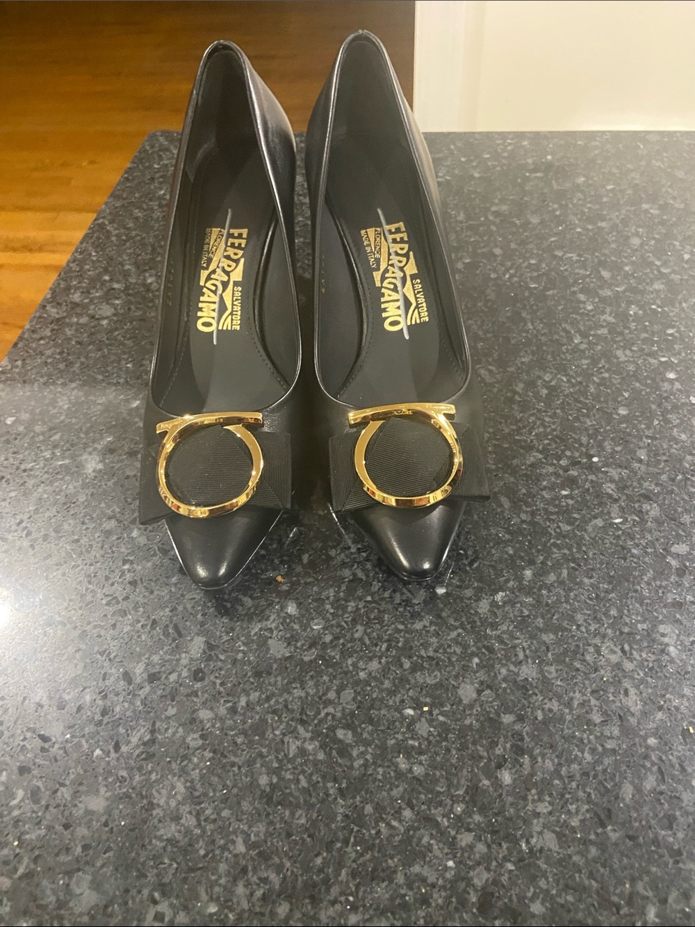 Salvatore Ferragamo Ezia Pumps in Black Calf Leather, Size  6.5 B, 7cm Heel